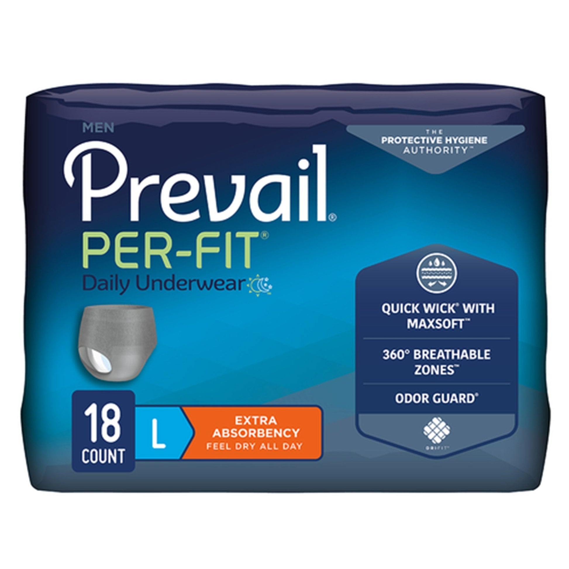 Prevail Per-Fit men’s pull-on daily underwear, extra absorbency, LG (44–58), 18 count