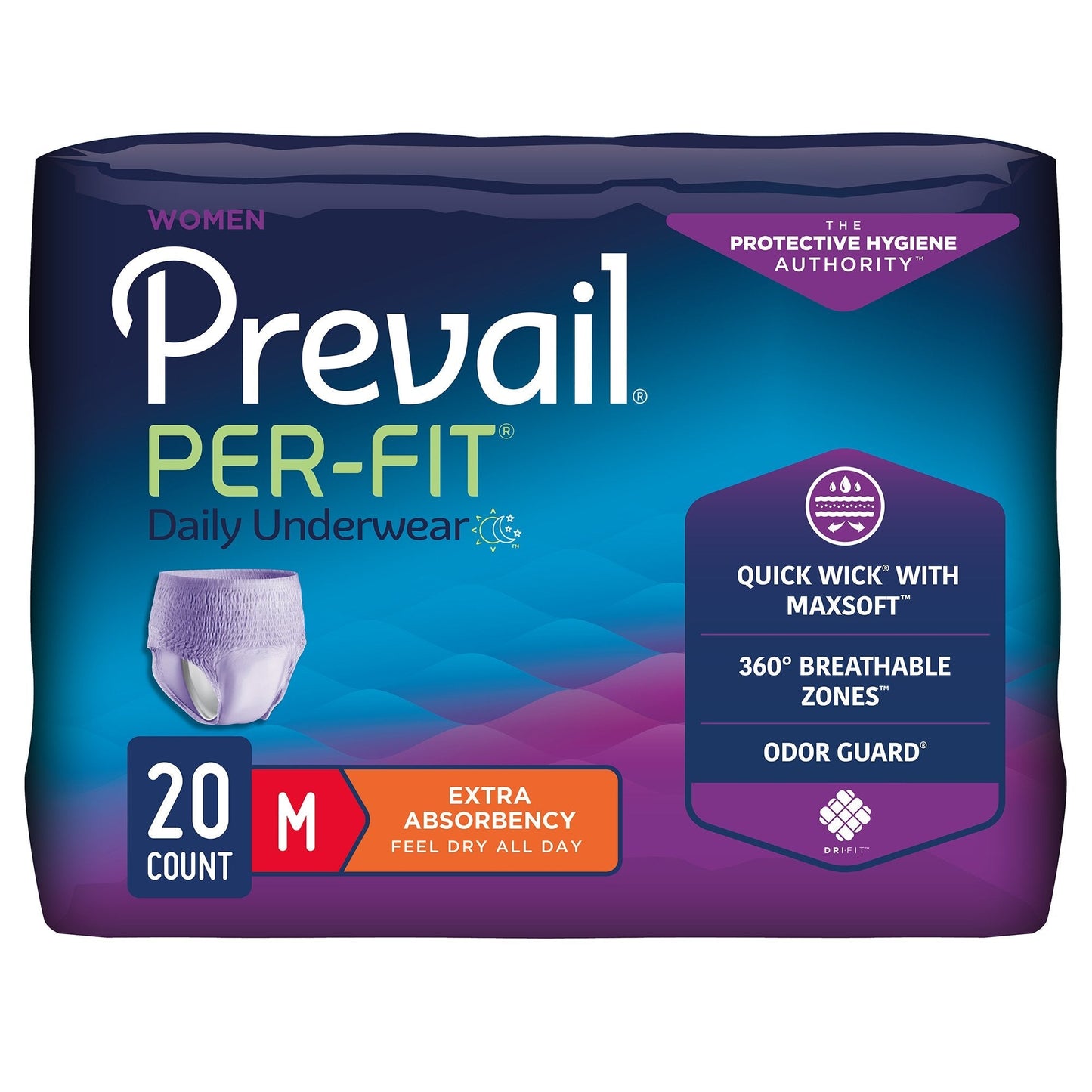 Women’s pull-on daily underwear, extra absorbency; lavender, size M, 20-count pack