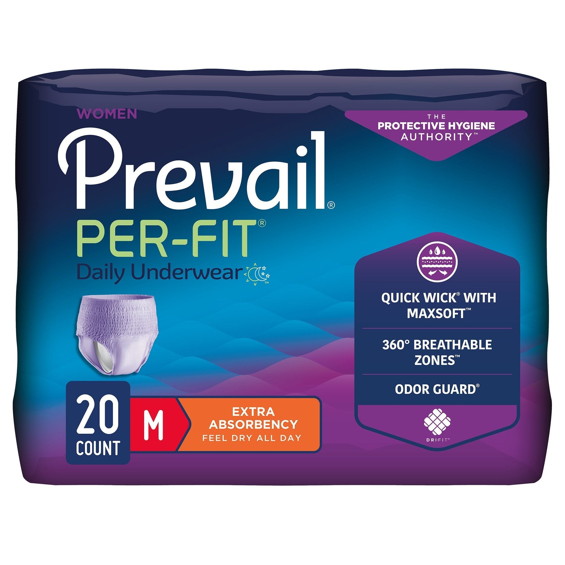 Women’s pull-on daily underwear, extra absorbency; lavender, size M, 20-count pack