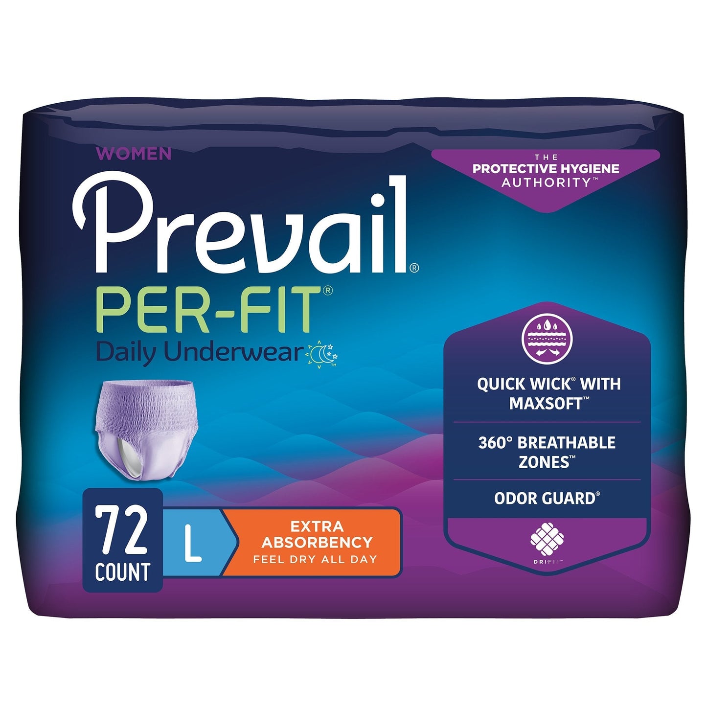 Women’s pull-on daily underwear, extra absorbency; lavender, size L, 72-count case