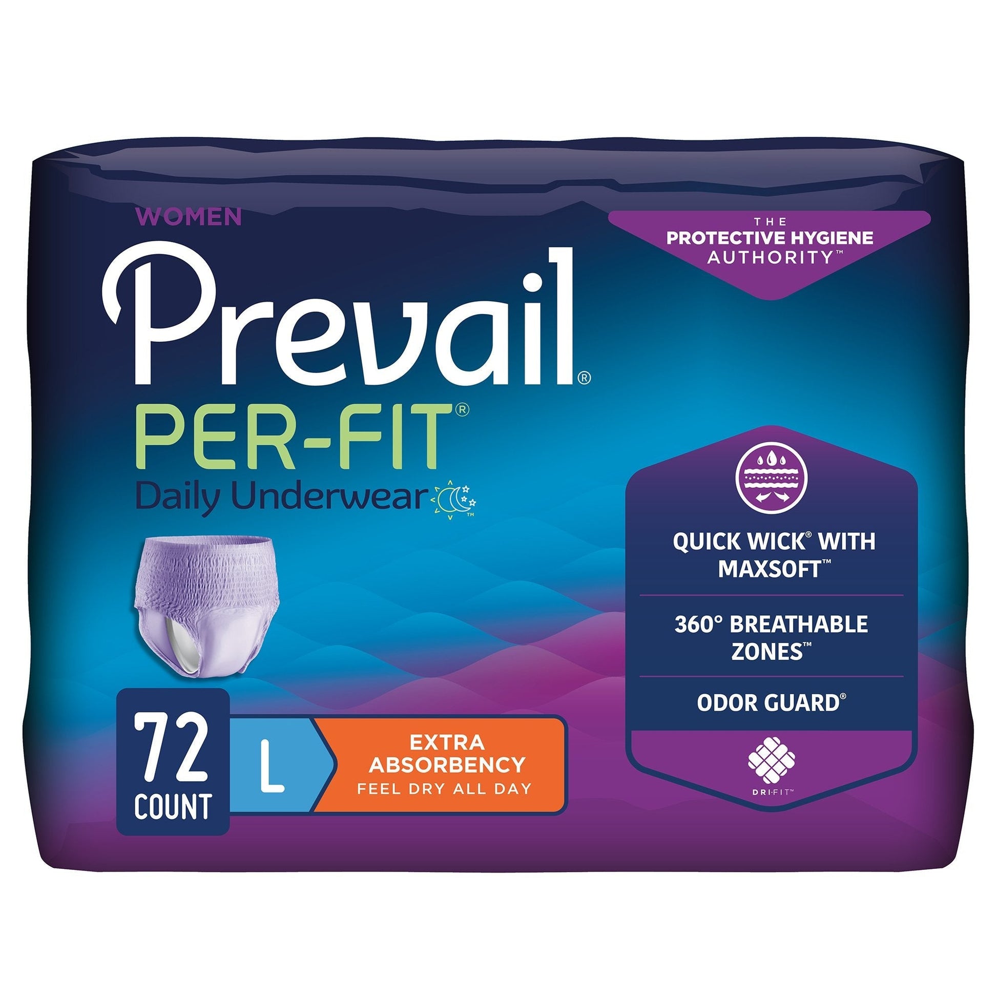 Women’s pull-on daily underwear, extra absorbency; lavender, size L, 72-count case