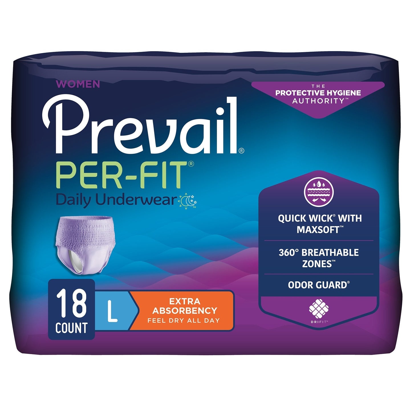 Women’s pull-on daily underwear, extra absorbency; lavender, size L, 18-count pack