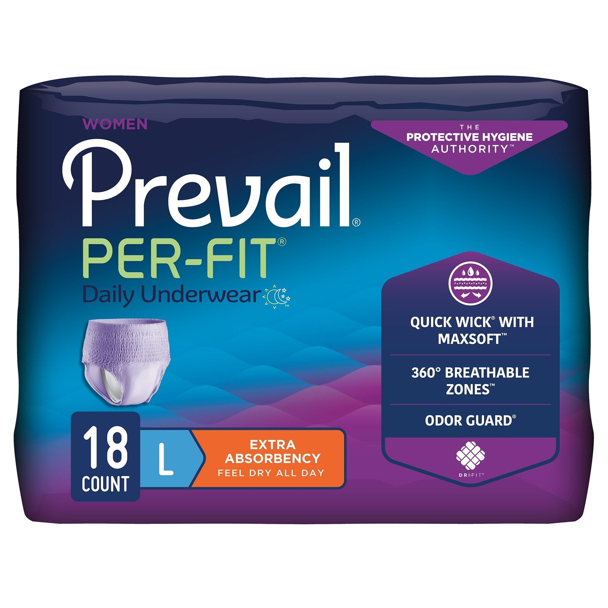Women’s pull-on daily underwear, extra absorbency; lavender, size L, 18-count pack