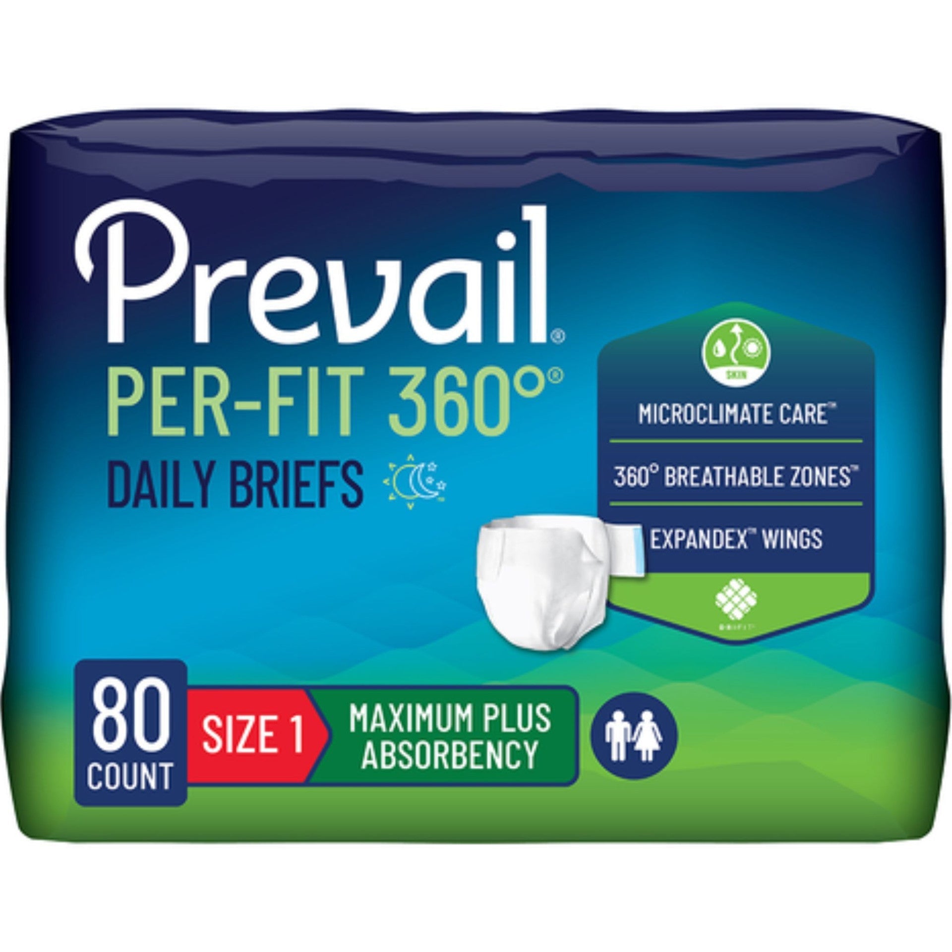 Prevail Per-Fit360 Daily Briefs, Size 1, maximum plus absorbency, 80 count case