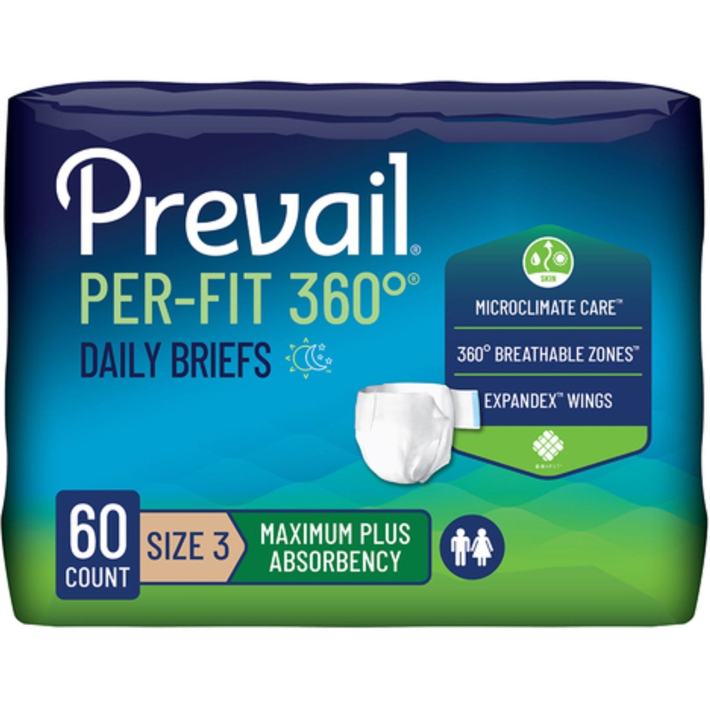 Prevail Per-Fit360 daily briefs, size 3, count 60, maximum plus absorbency