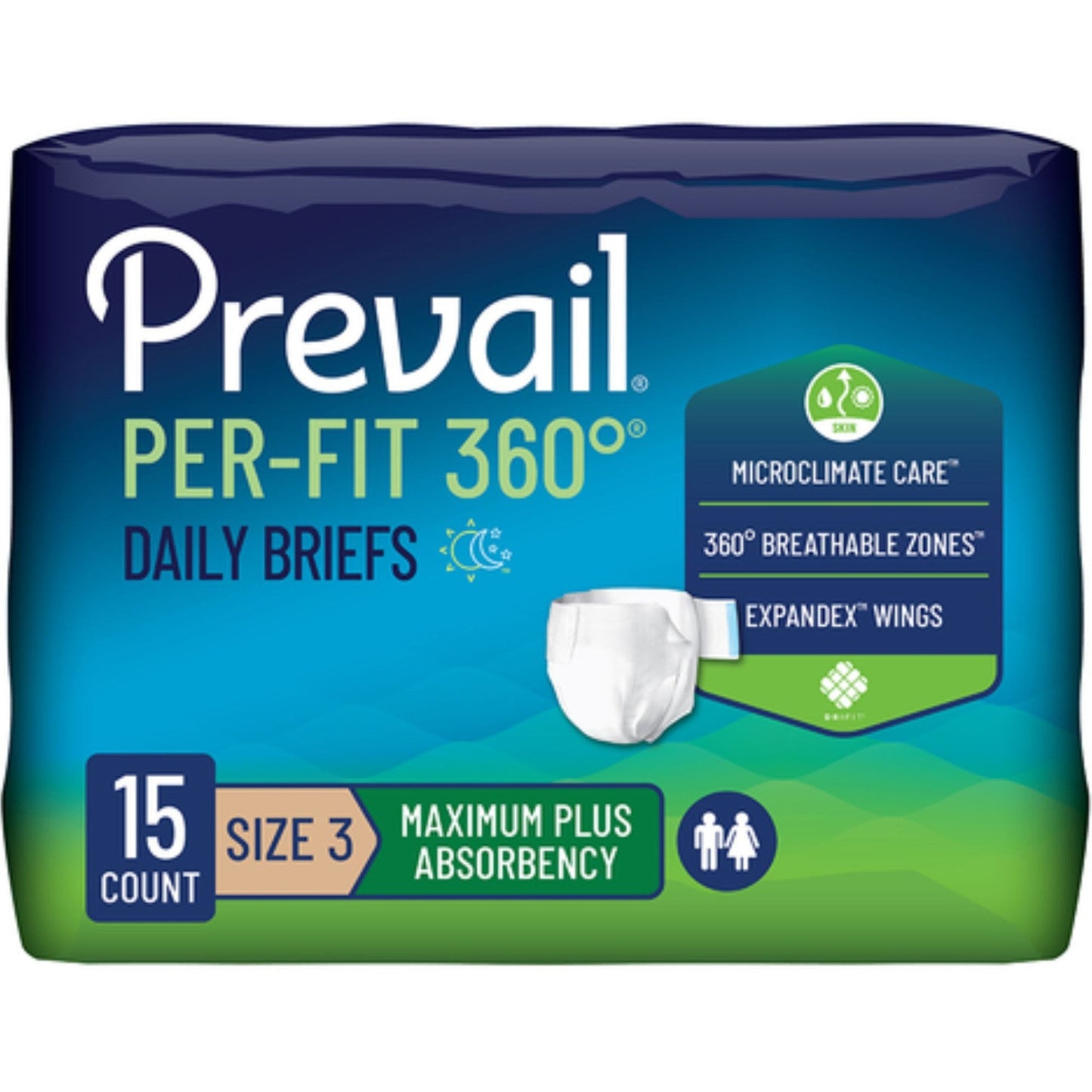 Prevail Per-Fit360 daily briefs, size 3, pack of 15, maximum plus absorbency