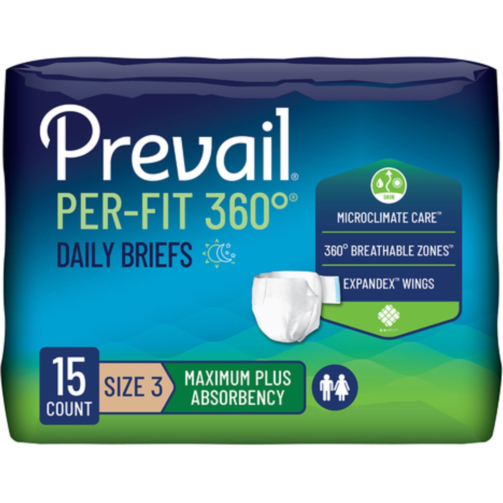 Prevail Per-Fit360 daily briefs, size 3, pack of 15, maximum plus absorbency