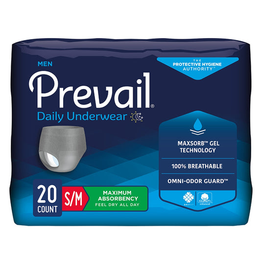 Prevail daily men’s absorbency underwear, S/M, 20-count package, dark gray briefs