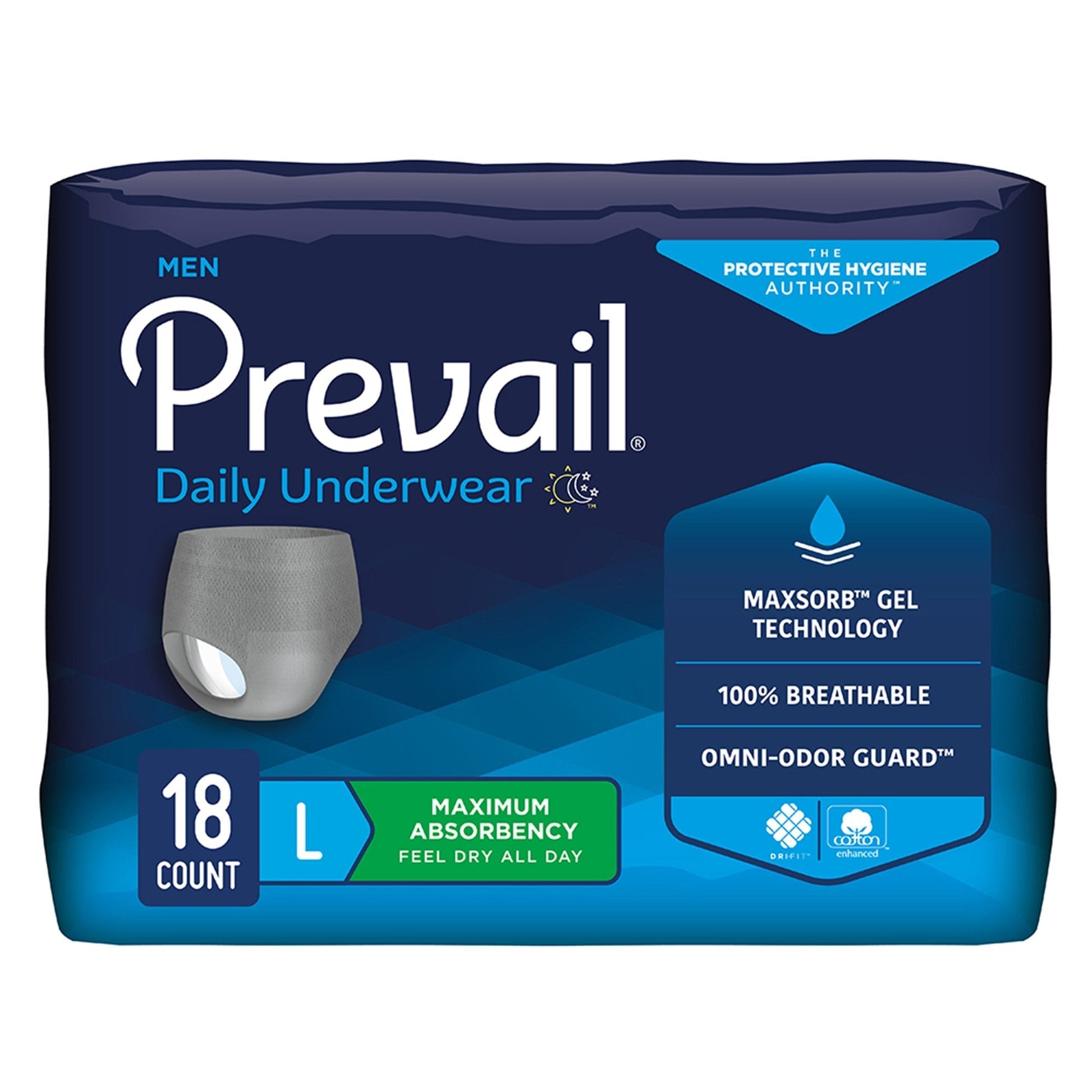 Prevail daily men’s underwear, L, 18-count package, dark gray absorbent briefs