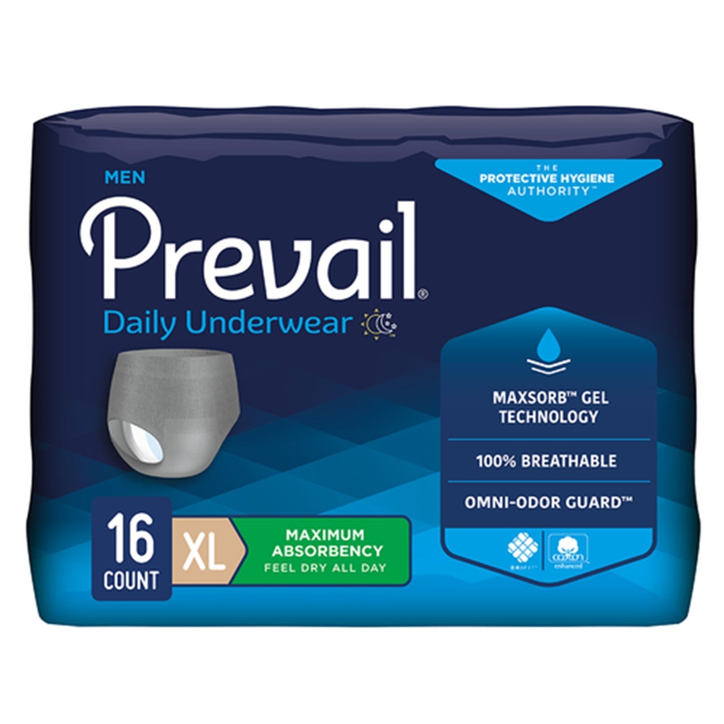 Prevail daily men’s underwear, XL, 16-count package, dark gray absorbent briefs