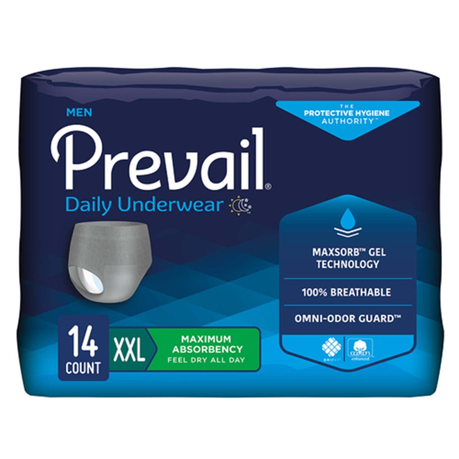 Prevail daily men’s underwear, XXL, 14-count package, dark gray absorbent briefs