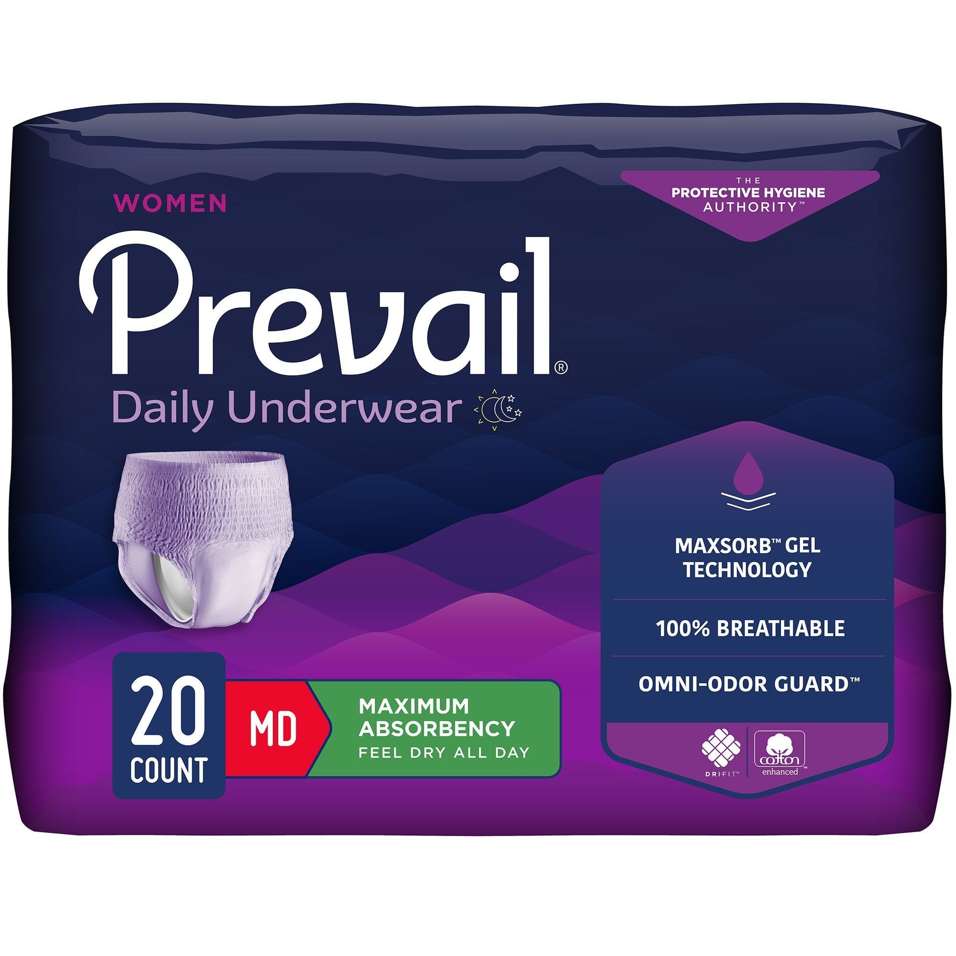 Women’s maximum absorbency daily underwear pack, MD size, 20 count, lilac brief