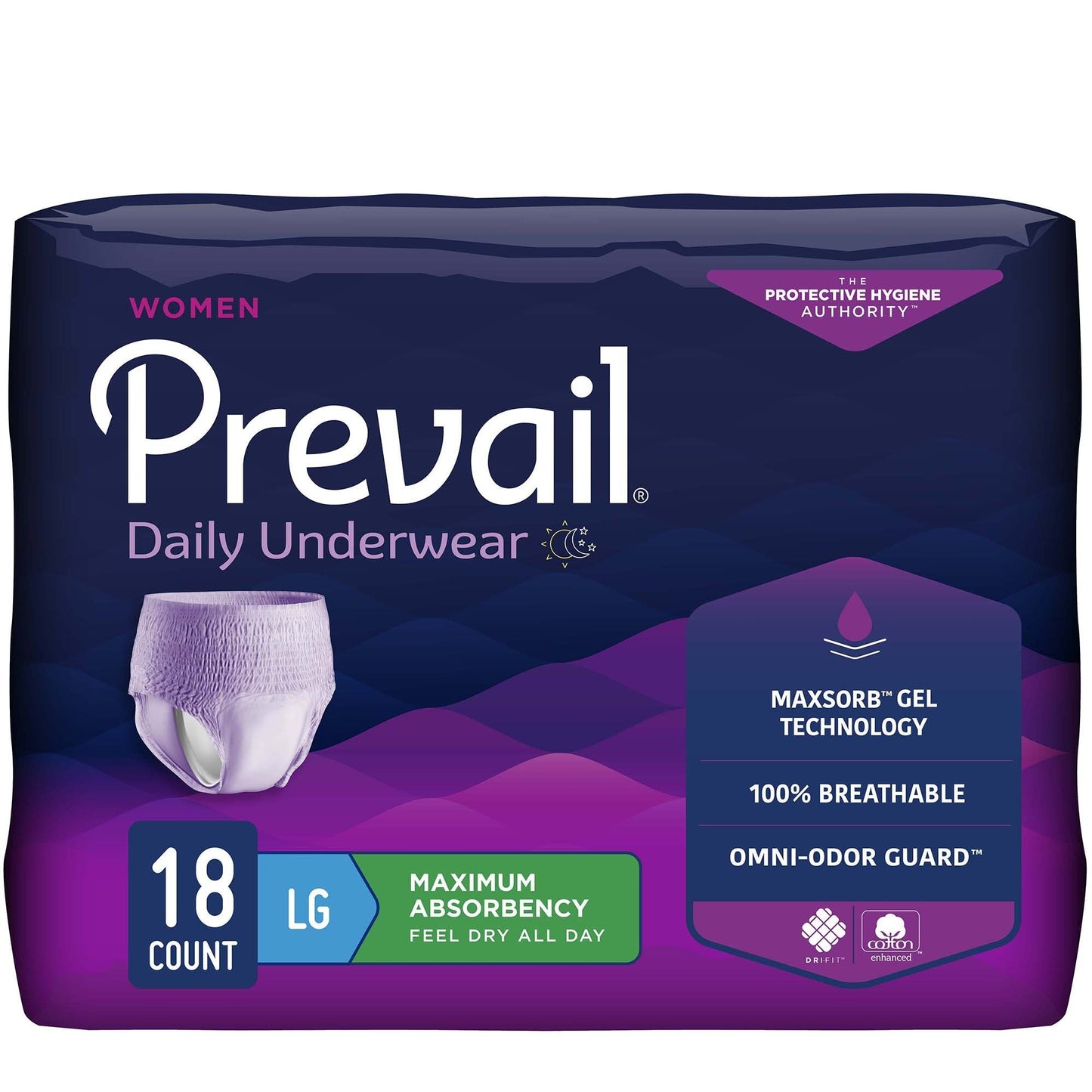 Women’s maximum absorbency daily underwear pack, LG size, 18 count, lilac