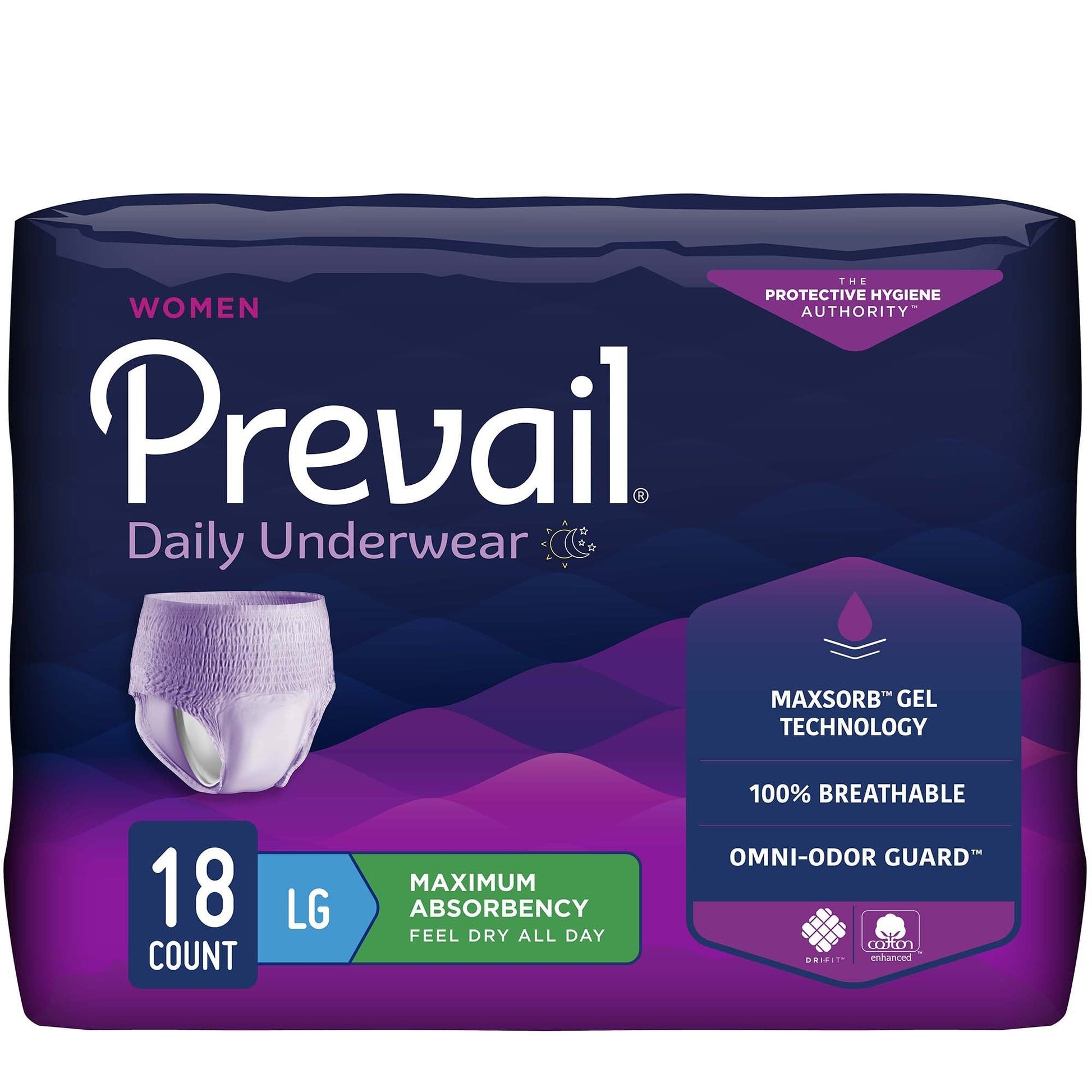 Women’s maximum absorbency daily underwear pack, LG size, 18 count, lilac