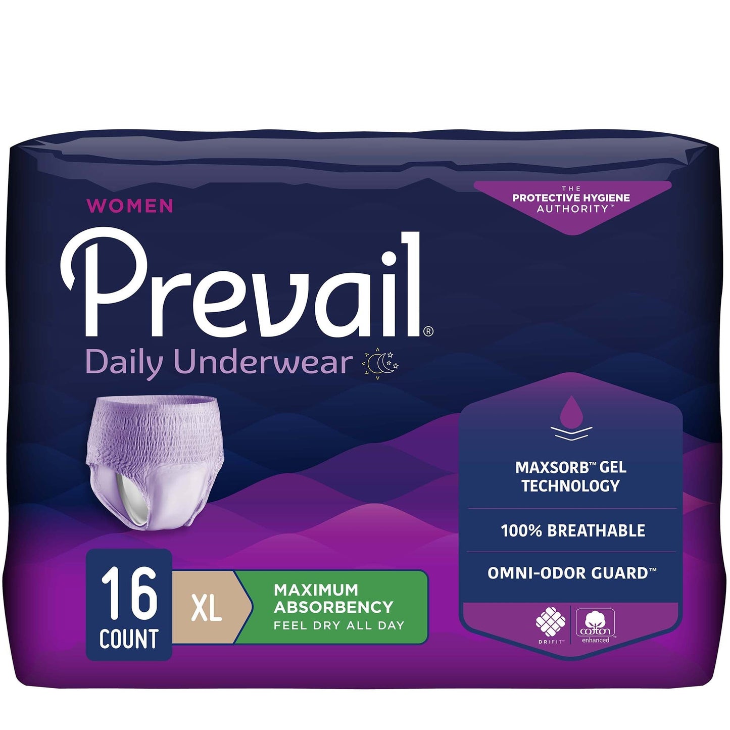 Women’s maximum absorbency daily underwear pack, XL size, 16 count, lilac