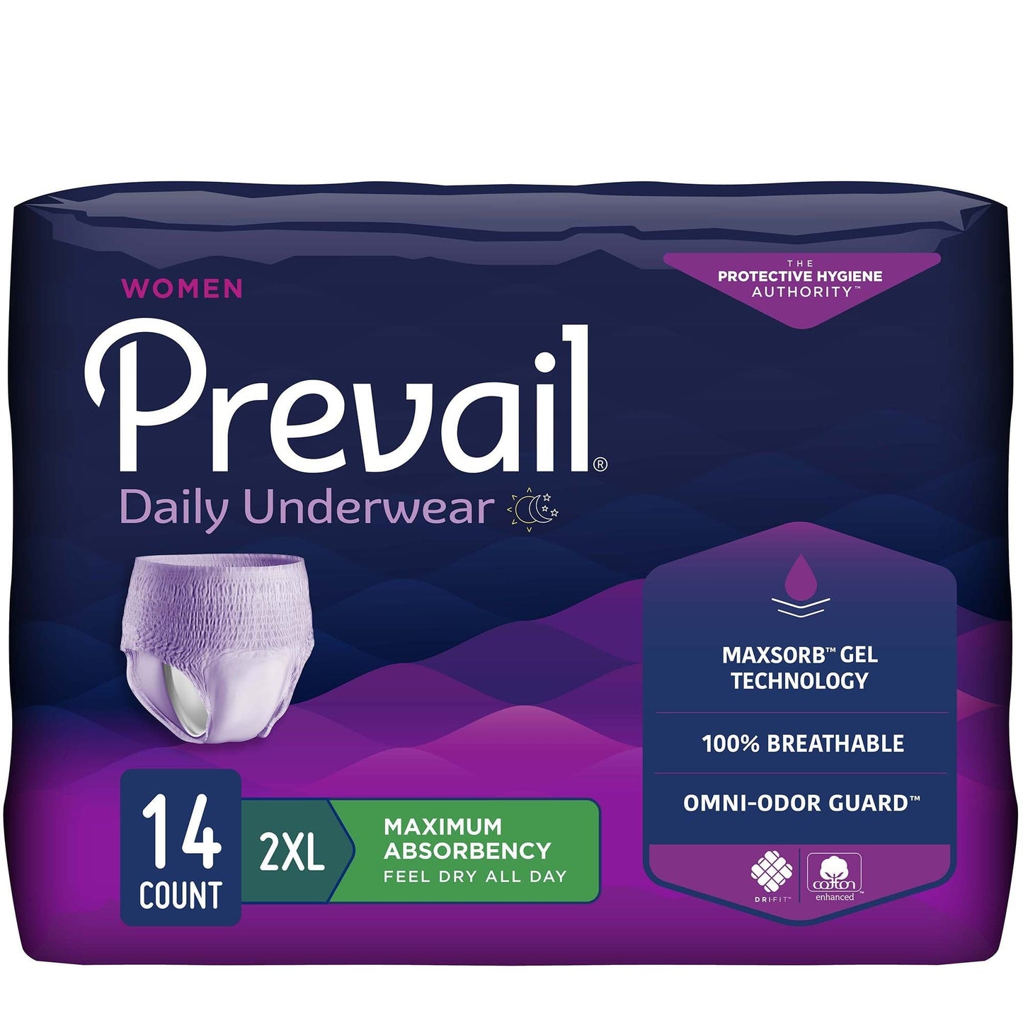 Women’s maximum absorbency daily underwear pack, 2XL size, 14 count, lilac