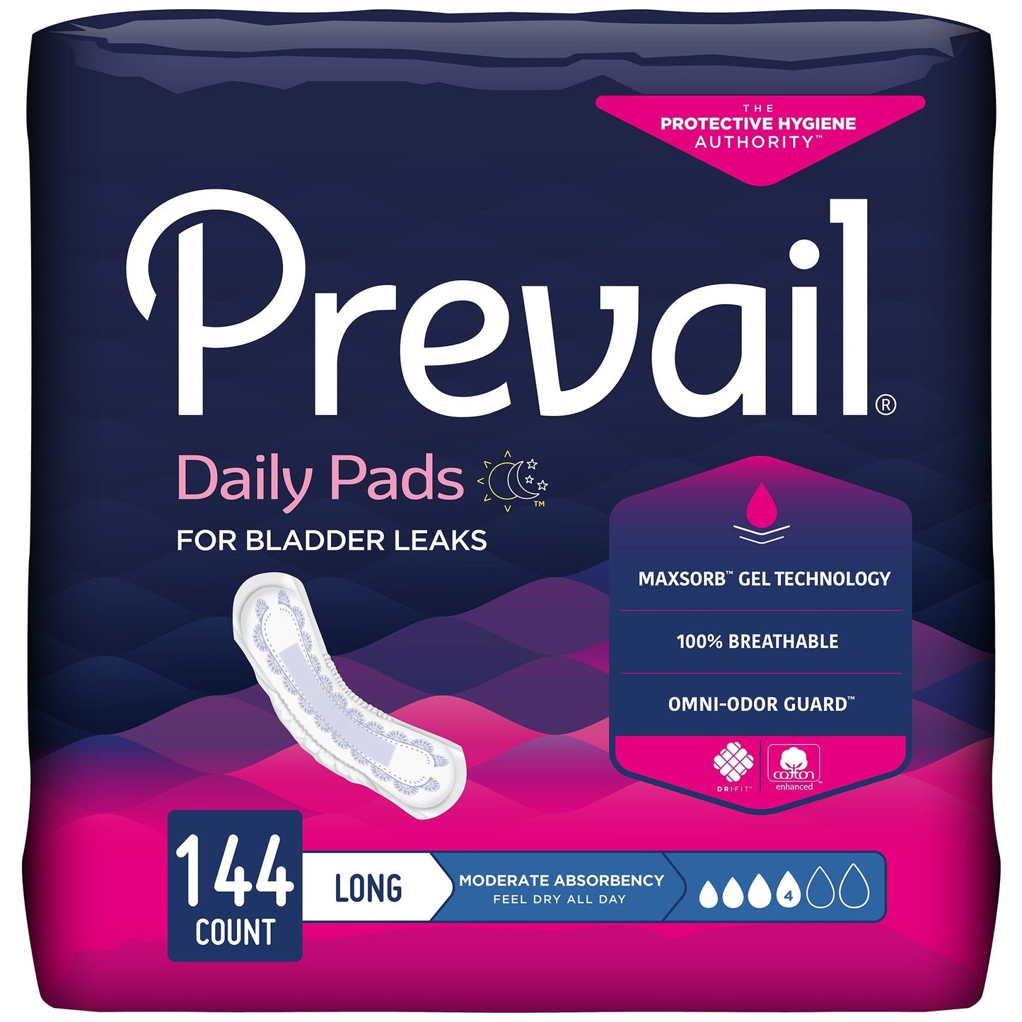Prevail daily bladder pads, long 144-count, moderate absorbency