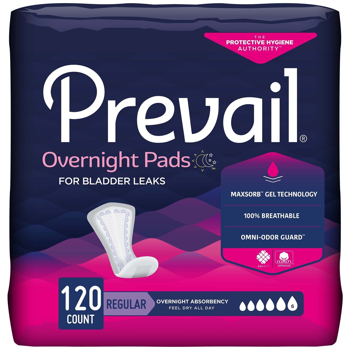 Overnight bladder control pads, regular absorbency, case of 120 (16-inch)