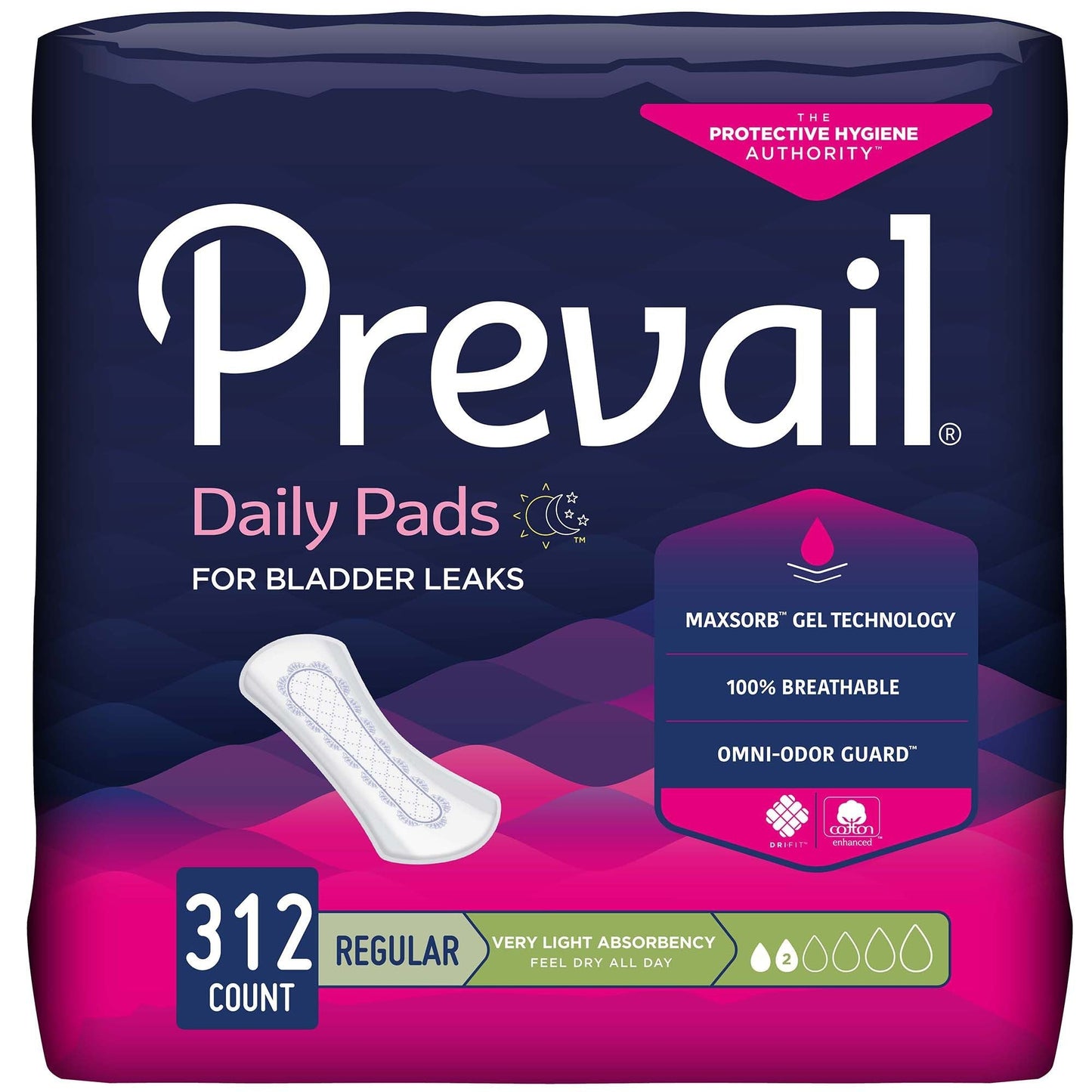 Very light absorbency bladder control pads, Regular 7.5 in, case of 312 (12 packs)