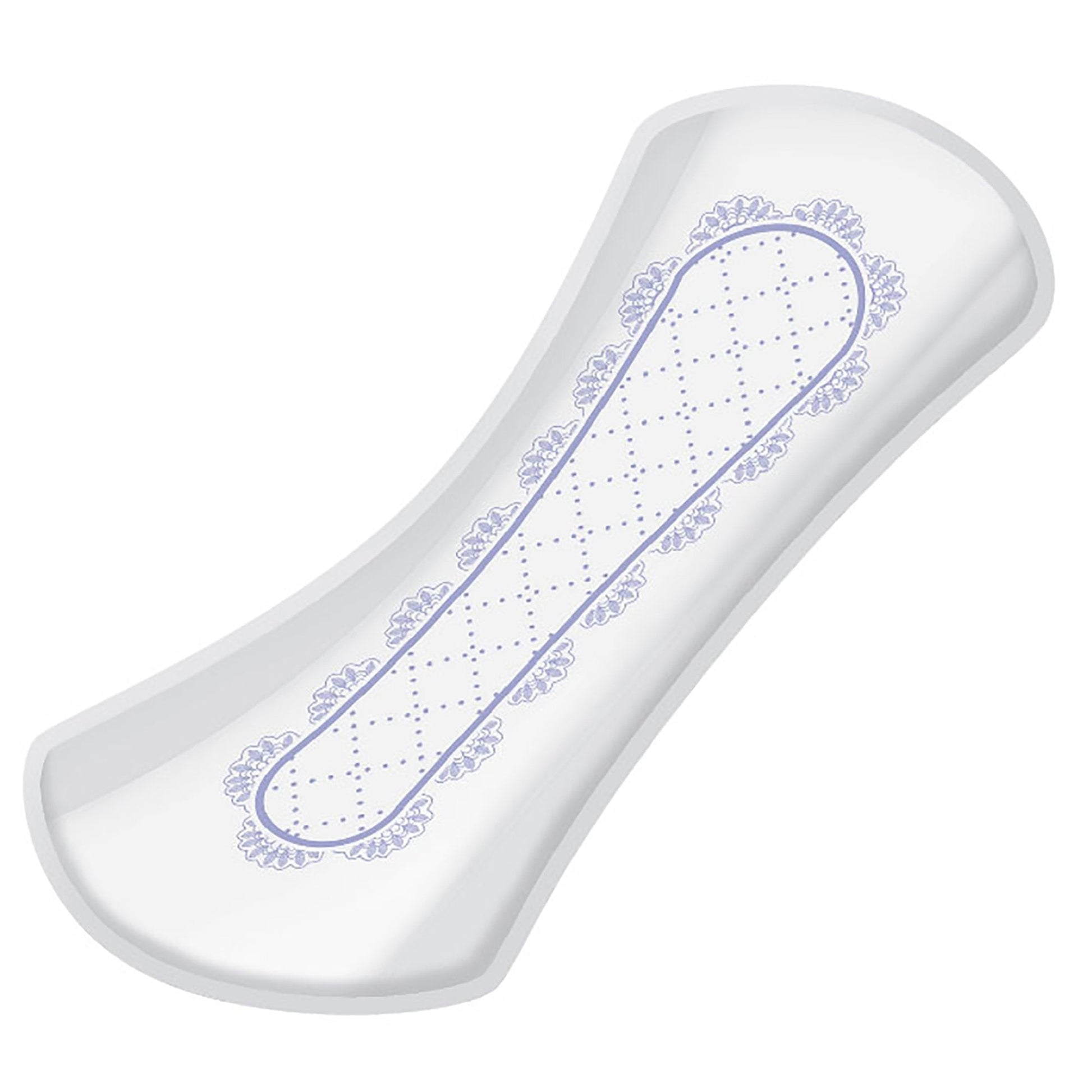 White bladder control pad with blue dotted pattern, very light absorbency