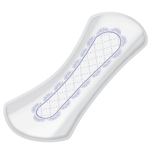 White bladder control pad with blue dotted pattern, very light absorbency