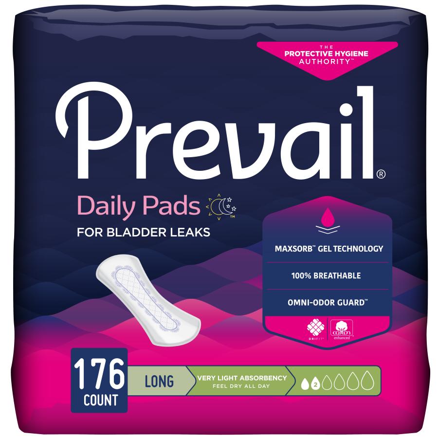Very light absorbency bladder control pads, Long 8.5 in, case of 176 (4 packs)