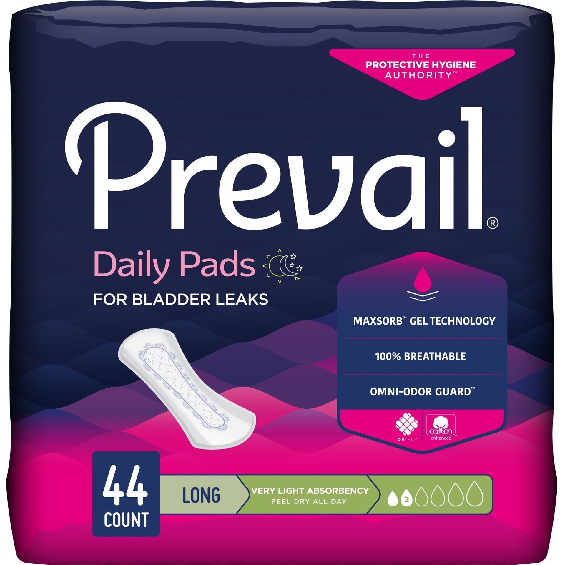 Very light absorbency bladder control pads, Long 8.5 in, pack of 44