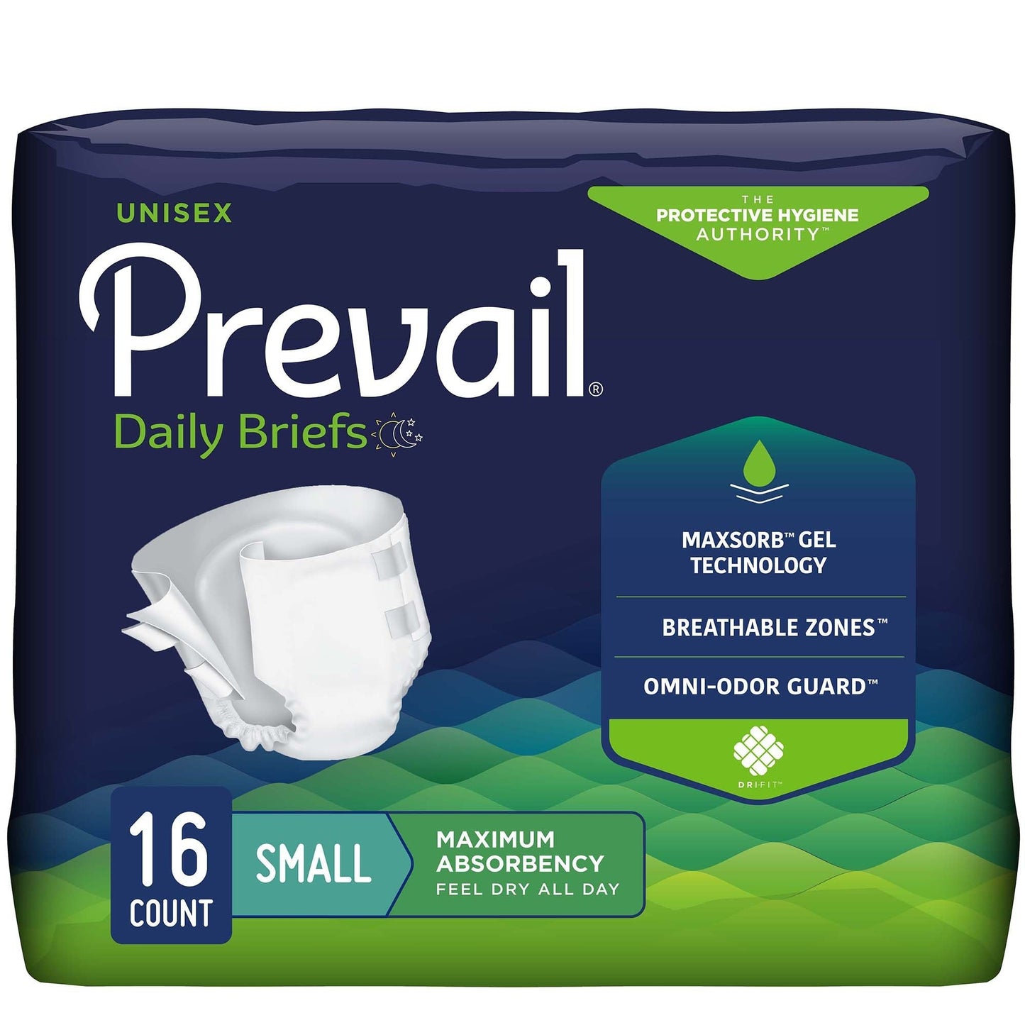 Prevail Daily Briefs unisex, Small 16-count package, maximum absorbency