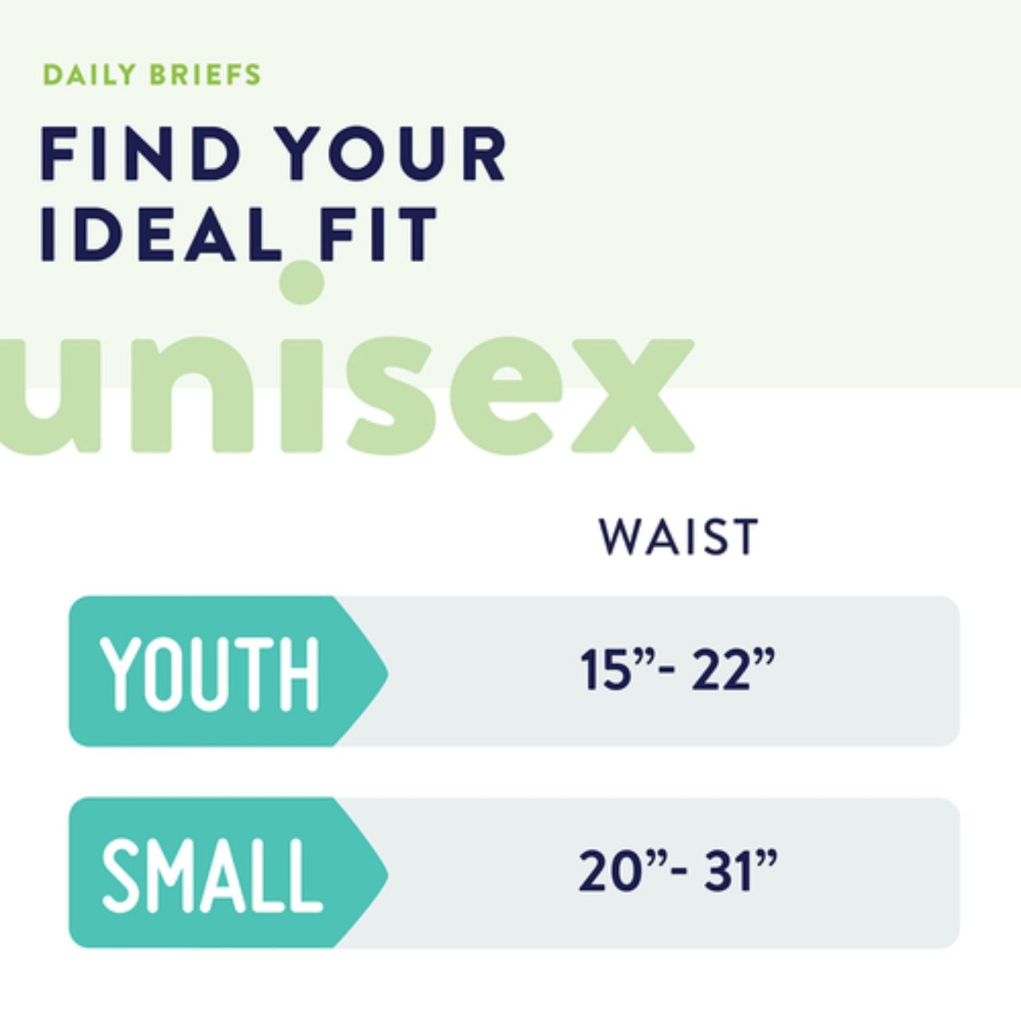 Size chart for Prevail Daily Briefs: Youth waist 15–22 in, Small waist 20–31 in