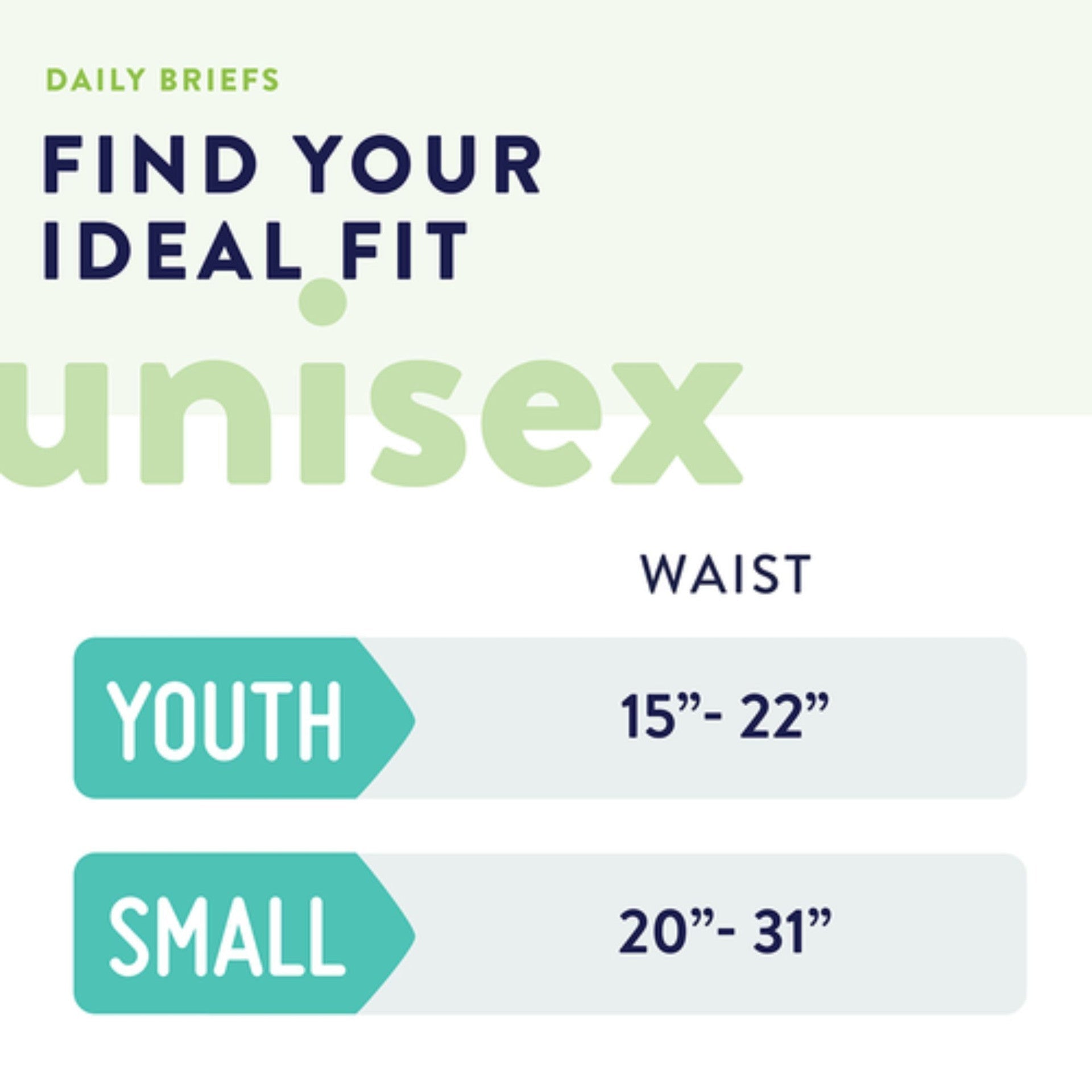 Size chart for Prevail Daily Briefs: Youth waist 15–22 in, Small waist 20–31 in