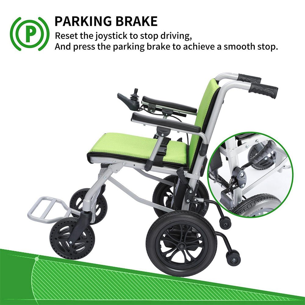 Green electric folding wheelchair with parking brake detail shown on wheel area
