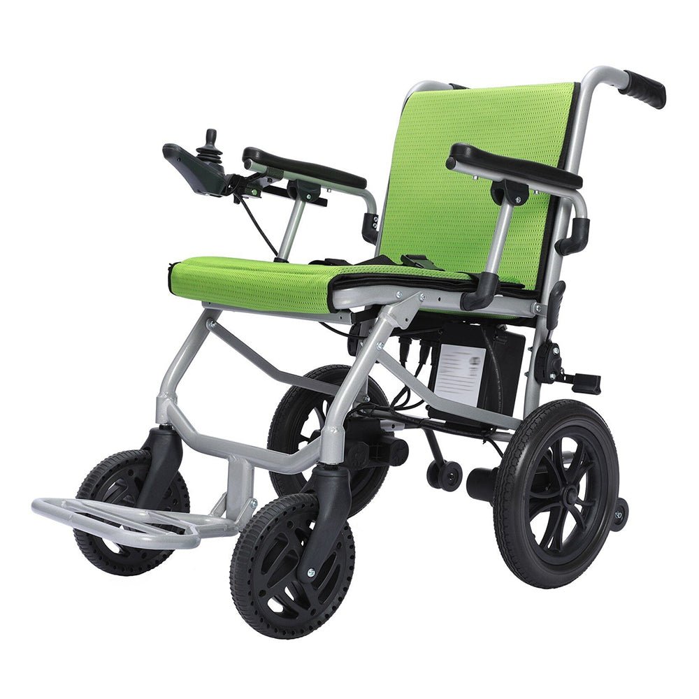 Green padded seat electric folding wheelchair, side view with armrests and joystick