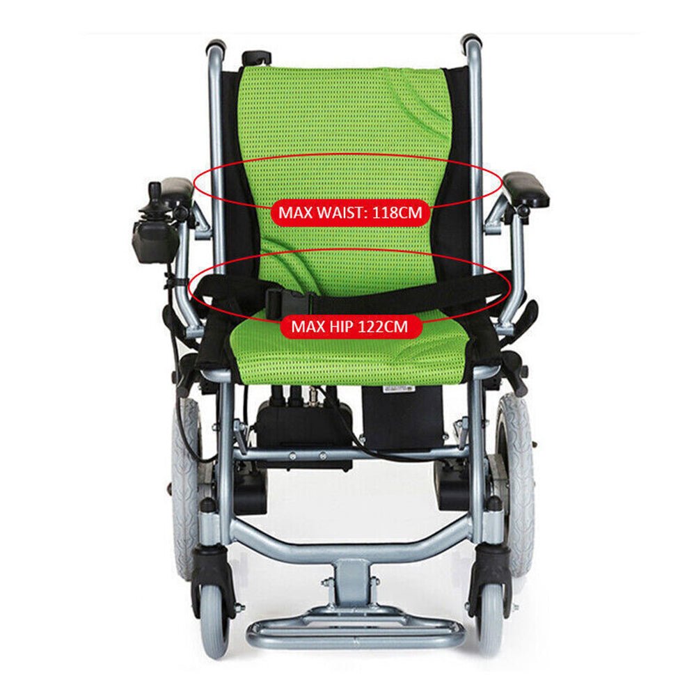 Front view of green padded electric folding wheelchair with max hip and waist labels
