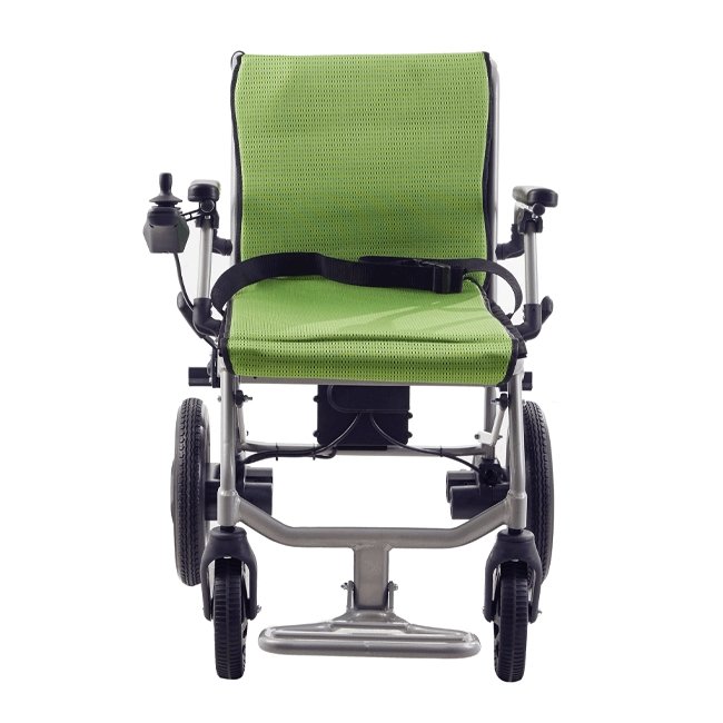 Green fabric seat and back electric folding wheelchair, front view with armrests