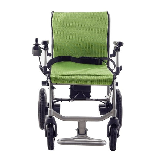 Green fabric seat and back electric folding wheelchair, front view with armrests