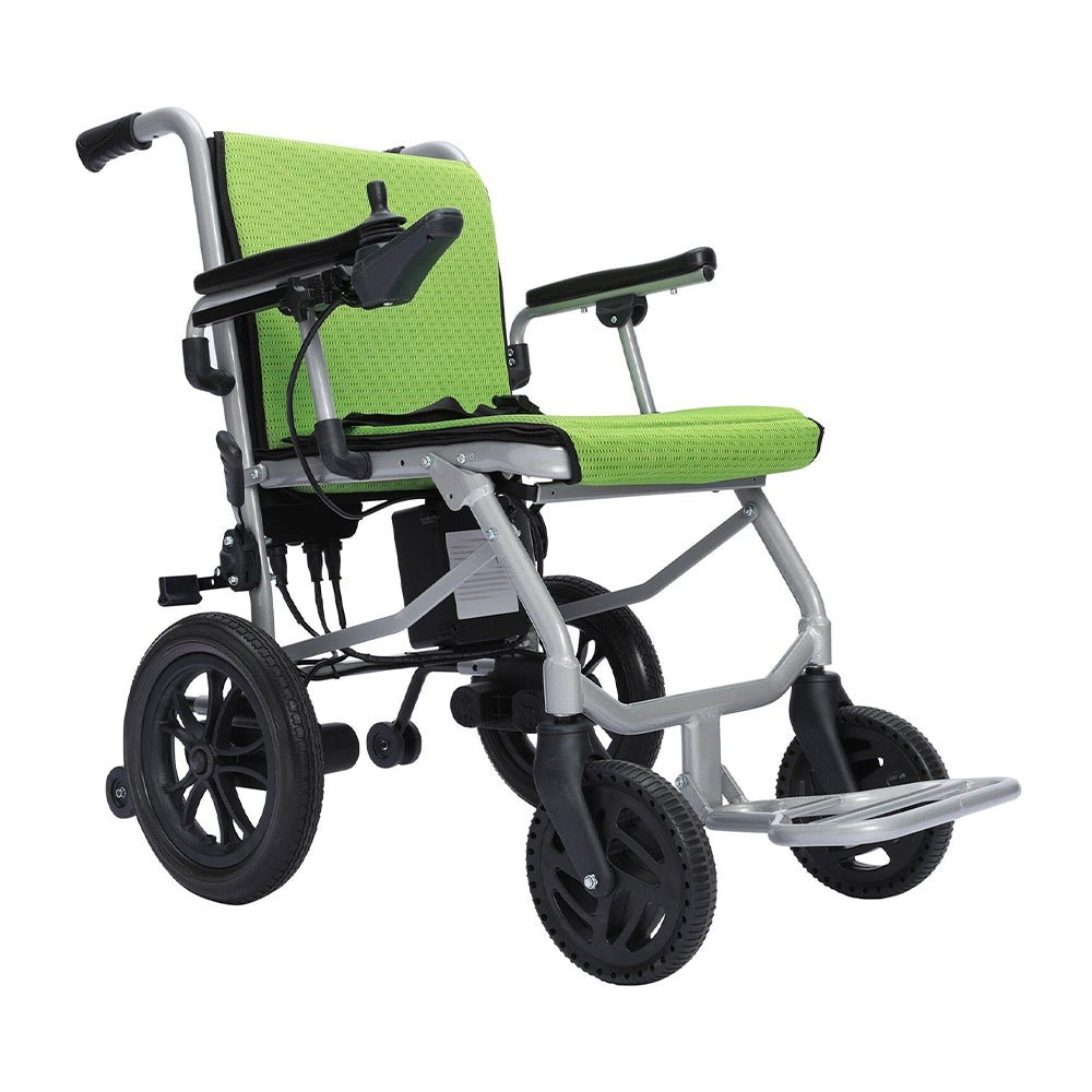 Green seat and back electric folding wheelchair, angled side view with armrests