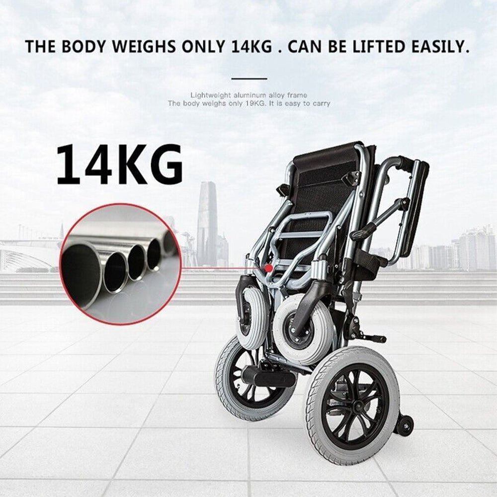 Electric wheelchair with 14KG lightweight frame callout and wheel overview