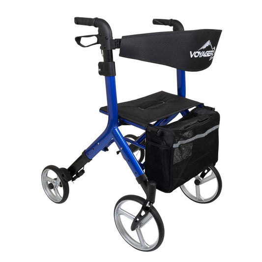 Euro-style rollator walker with cobalt blue frame, padded seat, and front storage bag