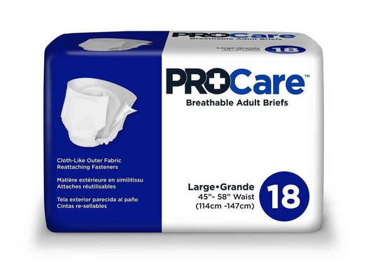 ProCare breathable adult briefs, Large (45–58" waist), pack of 18, white