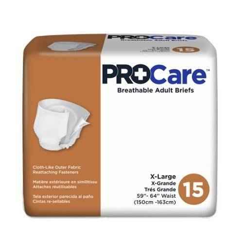 ProCare breathable adult briefs, X-Large (59–64" waist), pack of 15, white