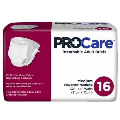 ProCare breathable adult briefs, Medium (32–44" waist), pack of 16, white