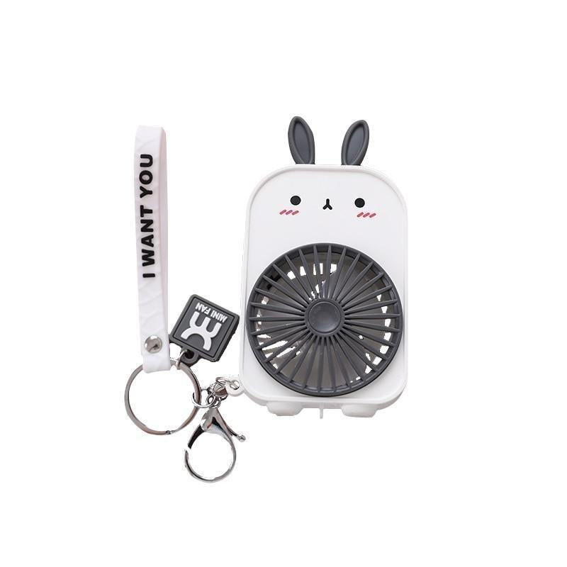 White bunny pocket fan with dark ears, keychain lanyard attached