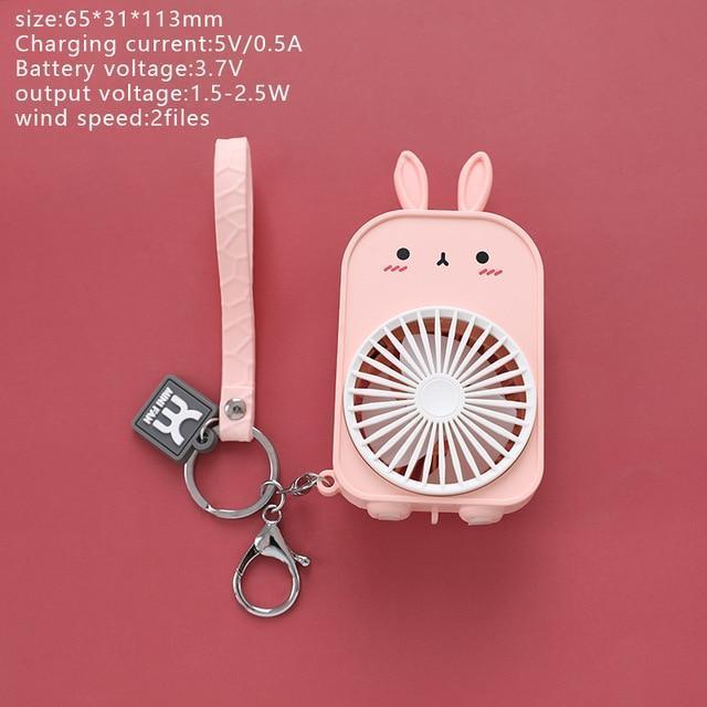 Pink bunny pocket fan with keychain lanyard, front view