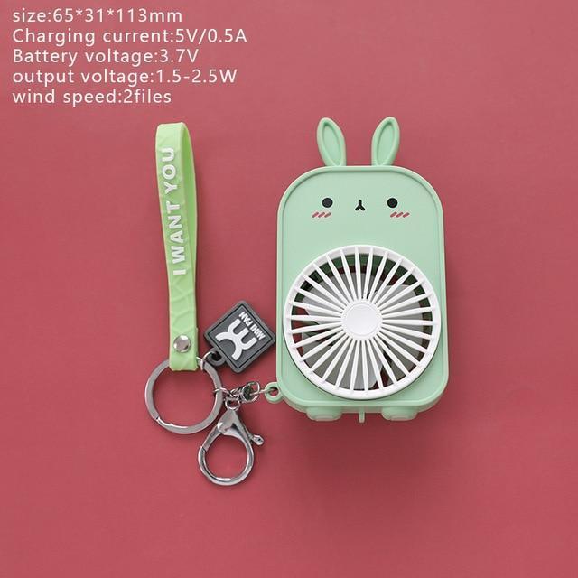 Green bunny pocket fan with keychain lanyard, front view