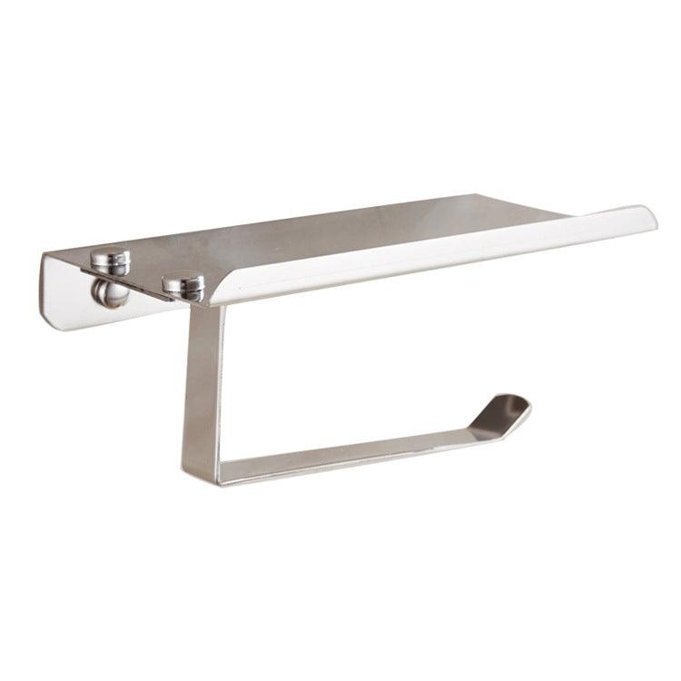 Brushed stainless steel wall-mounted toilet paper holder with phone shelf and support arms