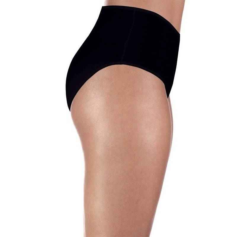 Women’s black incontinence maxi panty, side profile with high-rise leg openings