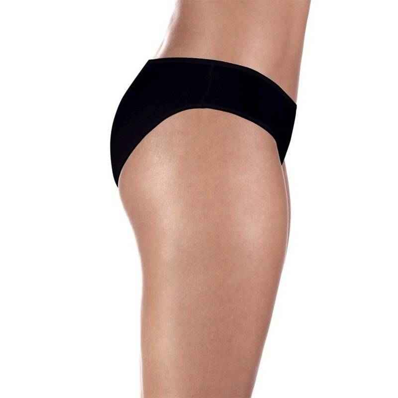 Black incontinence panty side view with wide waistband and brief coverage.