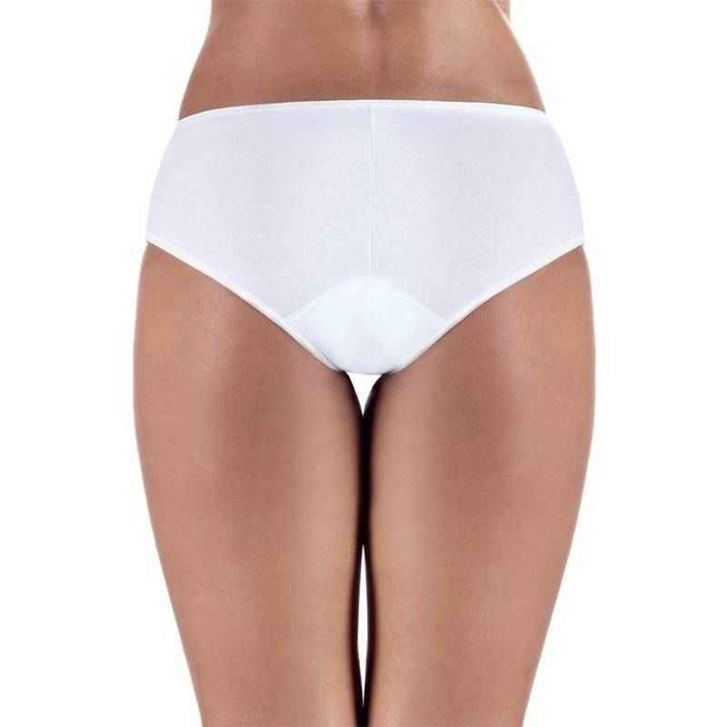 White incontinence brief panty front view with smooth stretch waistband.