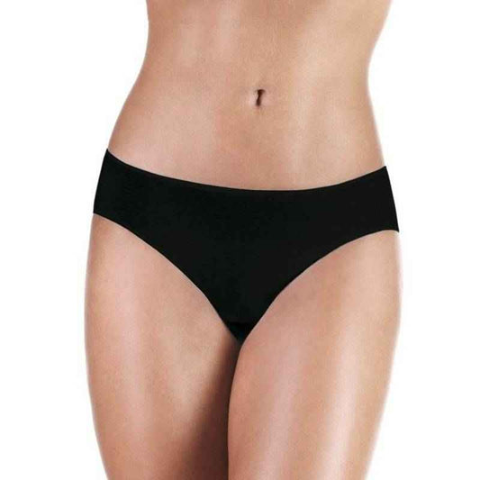 Black brief incontinence panty with smooth waistband and contoured leg openings.