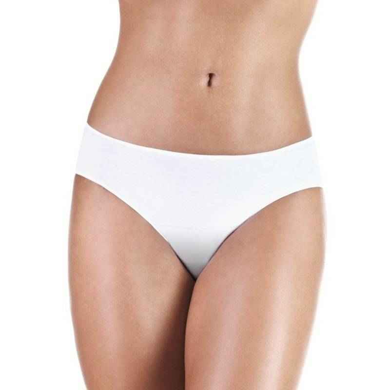 Women’s incontinence panty, white brief style with full coverage leg openings.